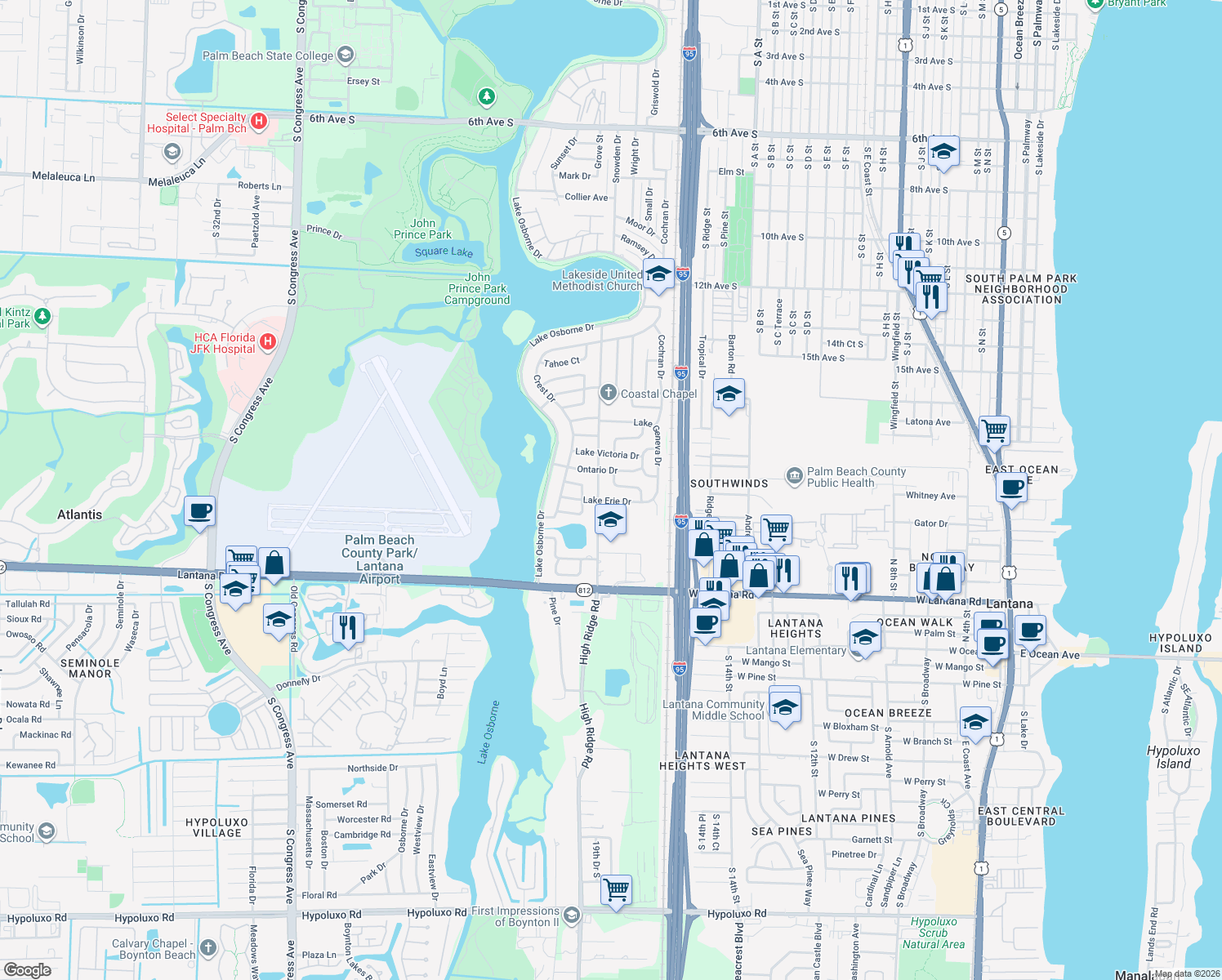 map of restaurants, bars, coffee shops, grocery stores, and more near 1709 Katherine Court in Lake Worth