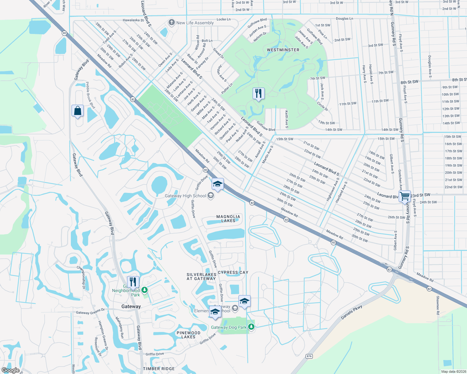 map of restaurants, bars, coffee shops, grocery stores, and more near 648 Meadow Road in Lehigh Acres