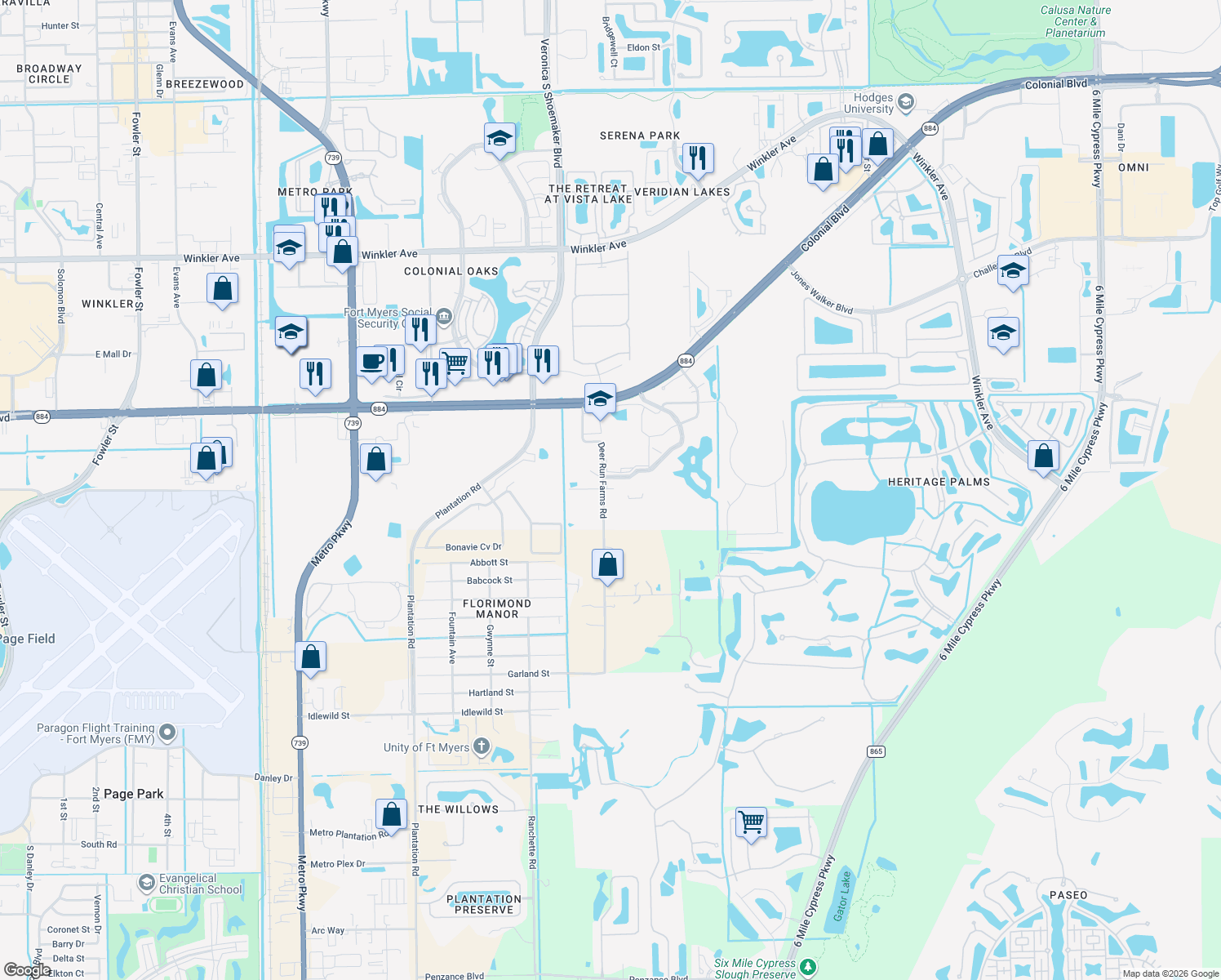 map of restaurants, bars, coffee shops, grocery stores, and more near 10275 Deer Run Farms Road in Fort Myers