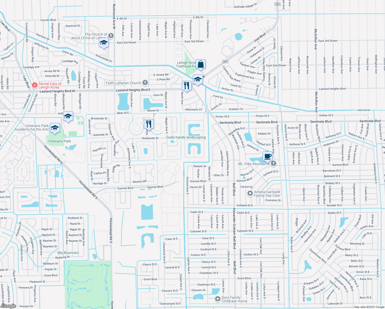 map of restaurants, bars, coffee shops, grocery stores, and more near 178 Shadowview Ct in Lehigh Acres