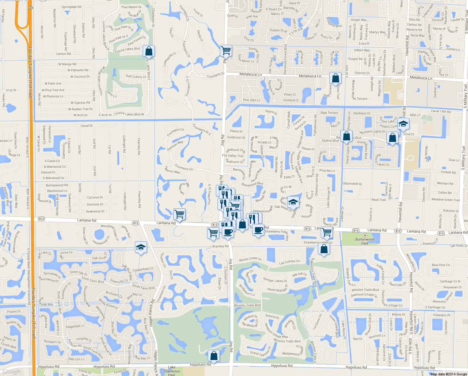 map of restaurants, bars, coffee shops, grocery stores, and more near 5673 Barnstead Circle in Lake Worth