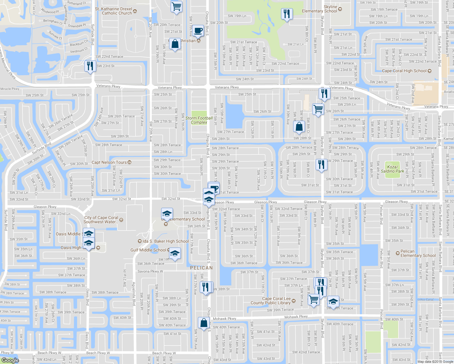 map of restaurants, bars, coffee shops, grocery stores, and more near 3030 SW 14th Ct in Cape Coral