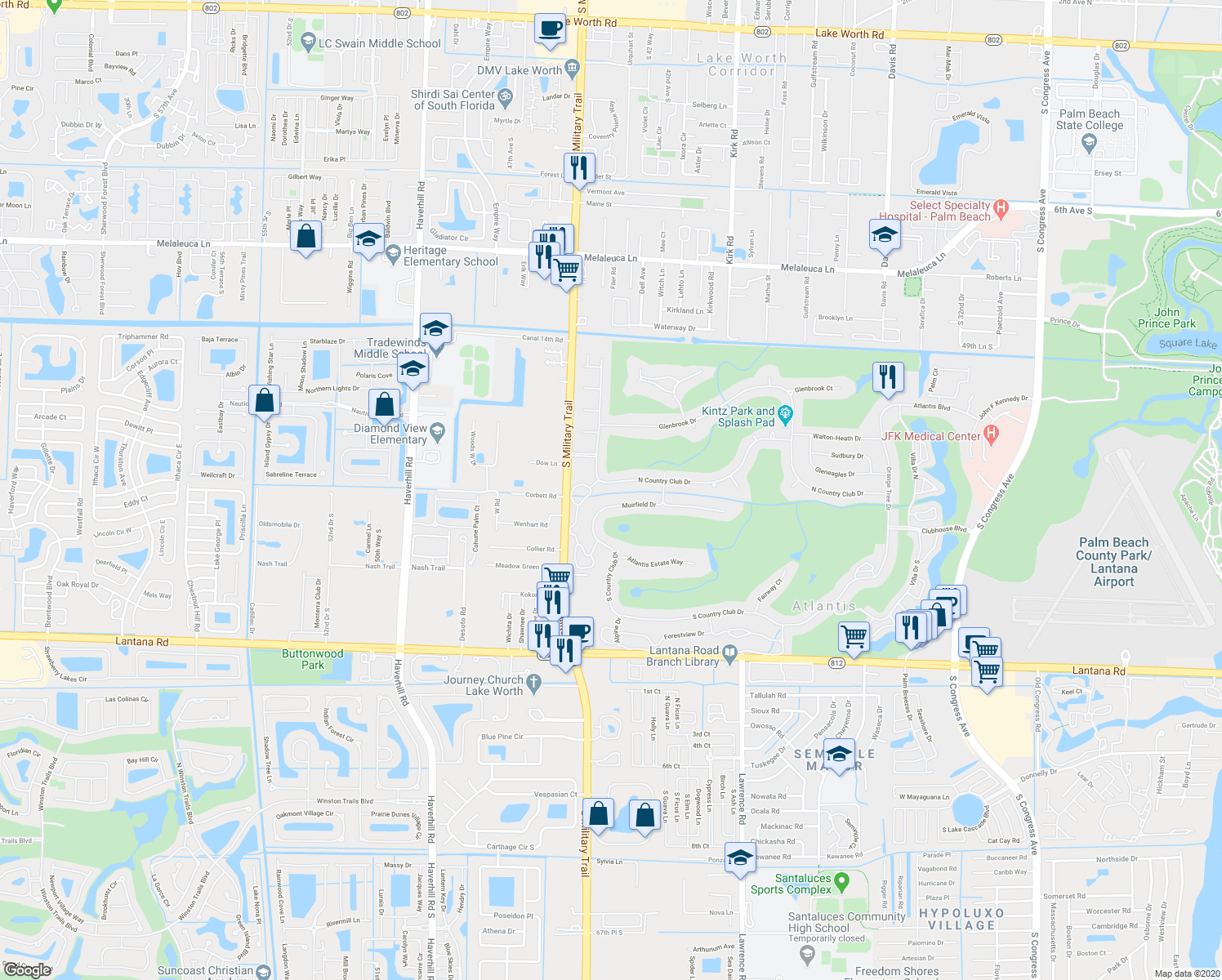 map of restaurants, bars, coffee shops, grocery stores, and more near 533 North Country Club Drive in Lake Worth