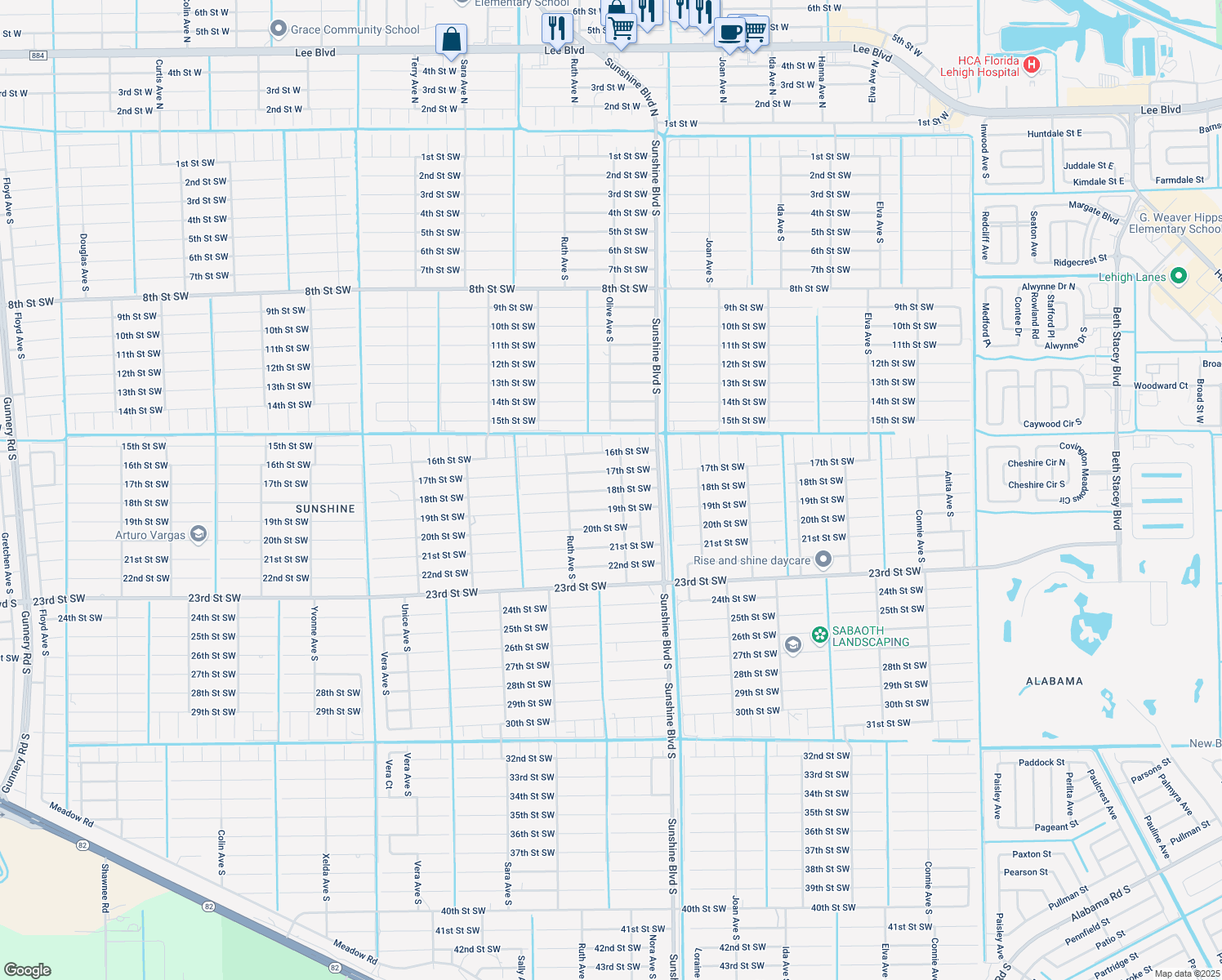 map of restaurants, bars, coffee shops, grocery stores, and more near 3210 18th Street Southwest in Lehigh Acres