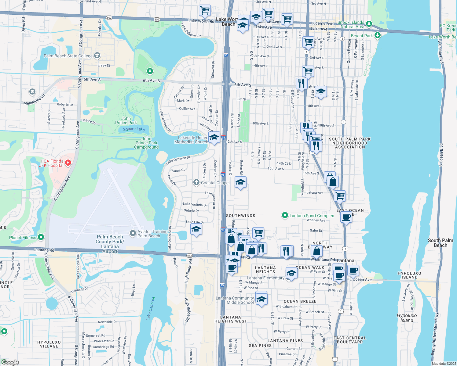 map of restaurants, bars, coffee shops, grocery stores, and more near 1609 Tropical Drive in Lake Worth