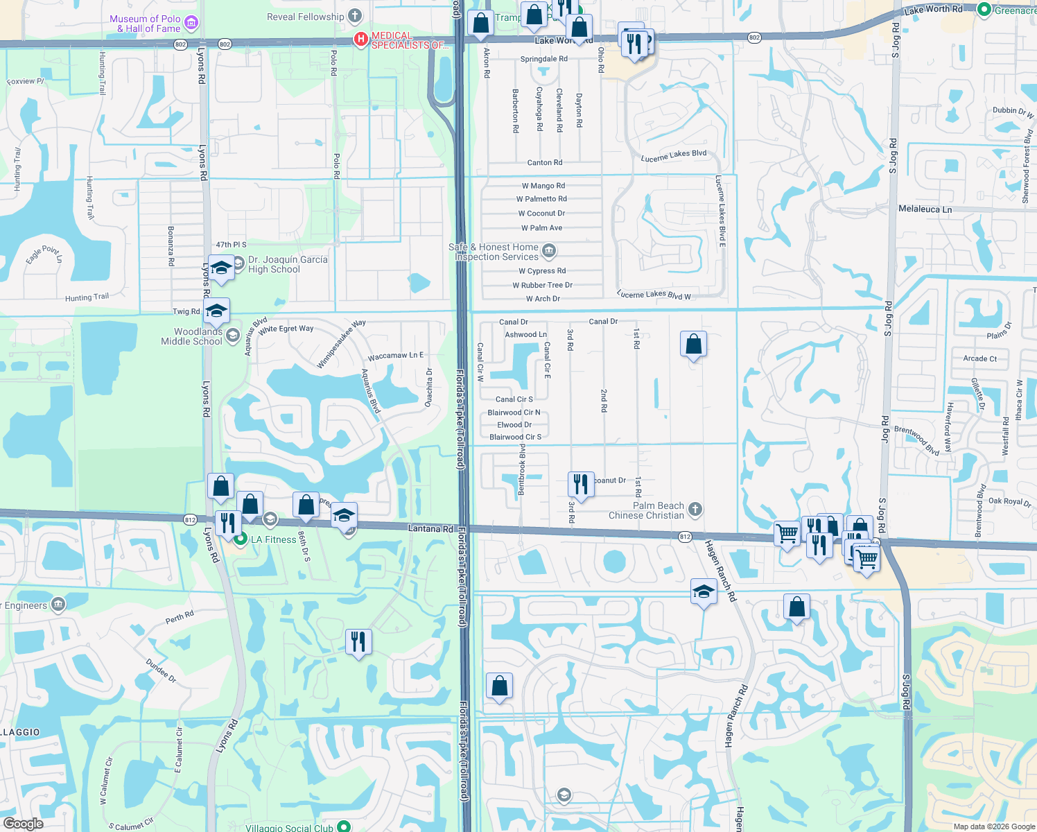 map of restaurants, bars, coffee shops, grocery stores, and more near 7791 Blairwood Circle North in Lake Worth
