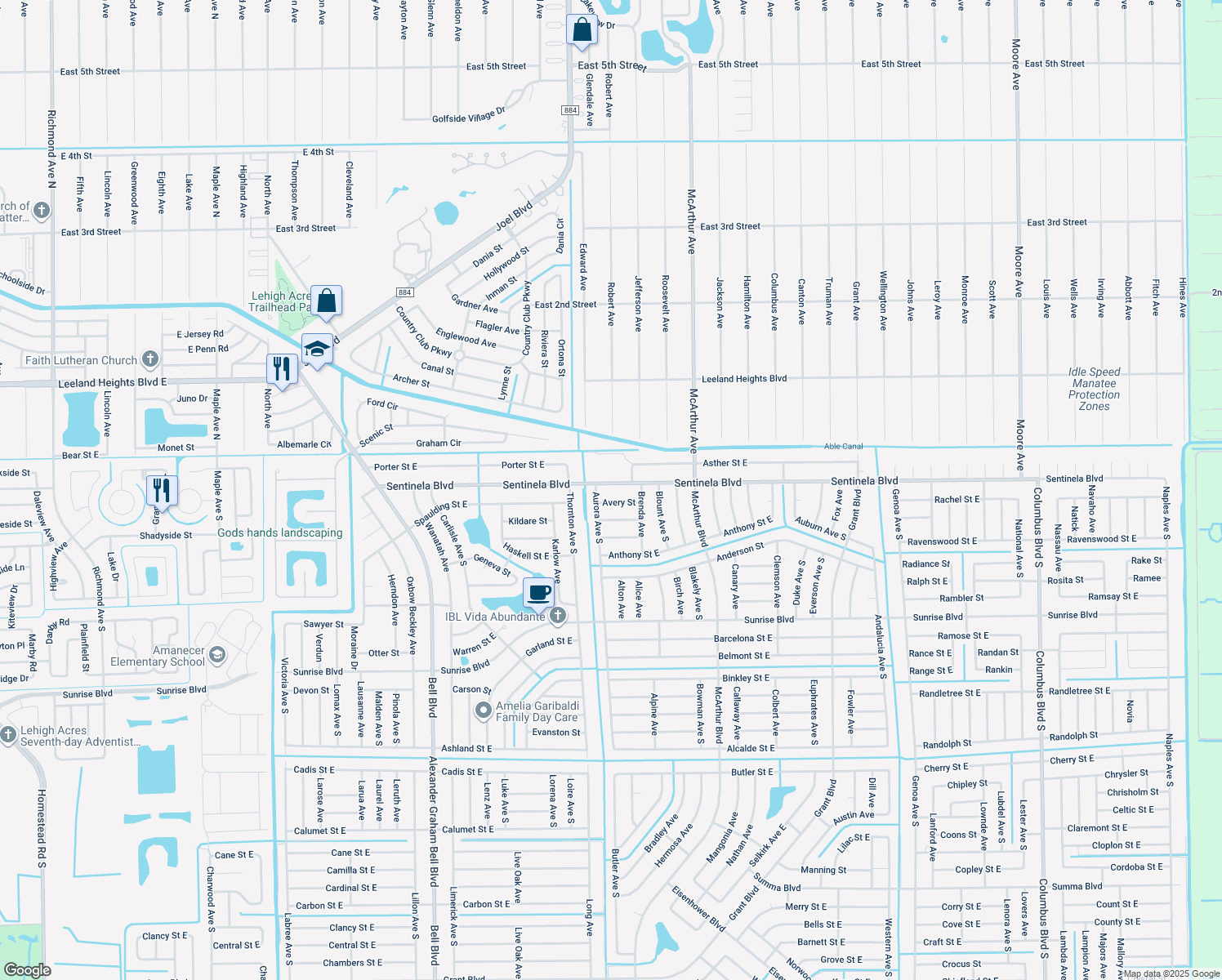 map of restaurants, bars, coffee shops, grocery stores, and more near 910 Sentinela Boulevard in Lehigh Acres