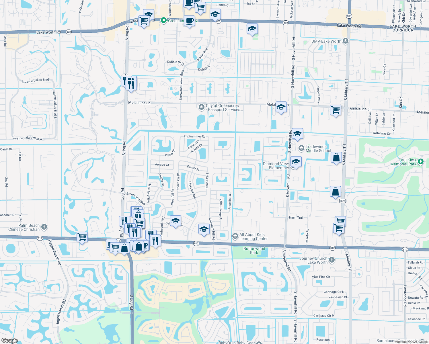 map of restaurants, bars, coffee shops, grocery stores, and more near 5463 Queenship Court in Greenacres