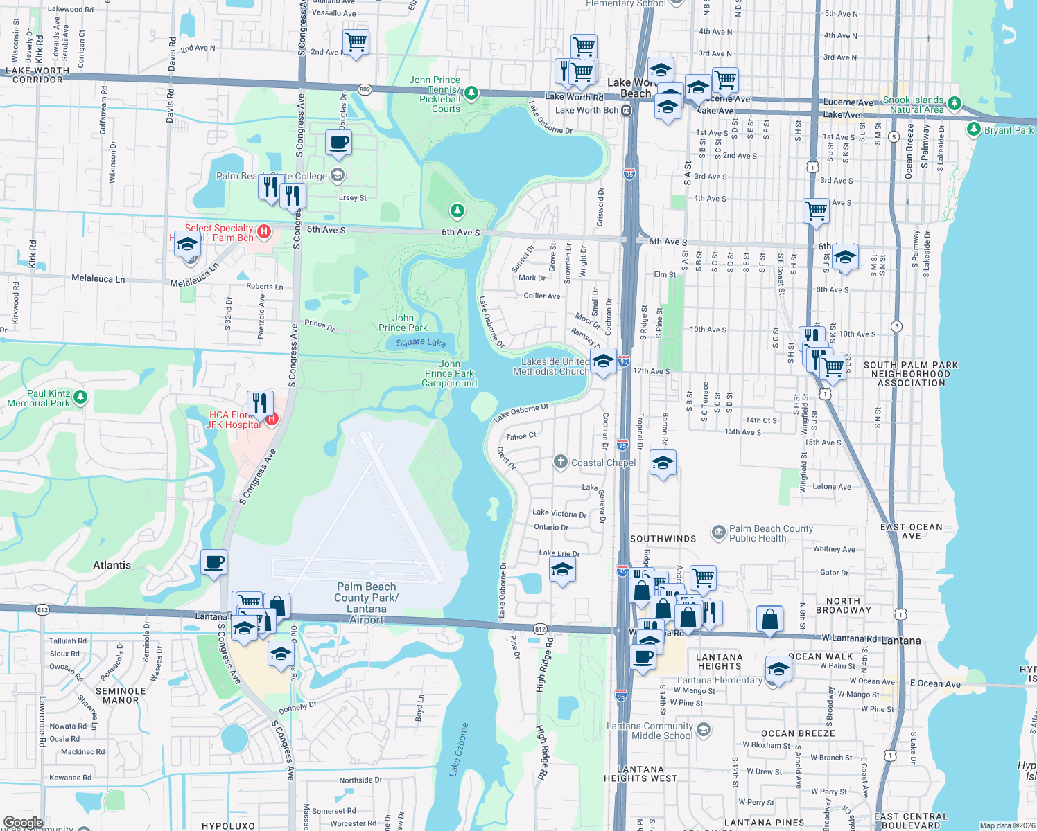 map of restaurants, bars, coffee shops, grocery stores, and more near 5160 Lake Osborne Drive in Lake Worth