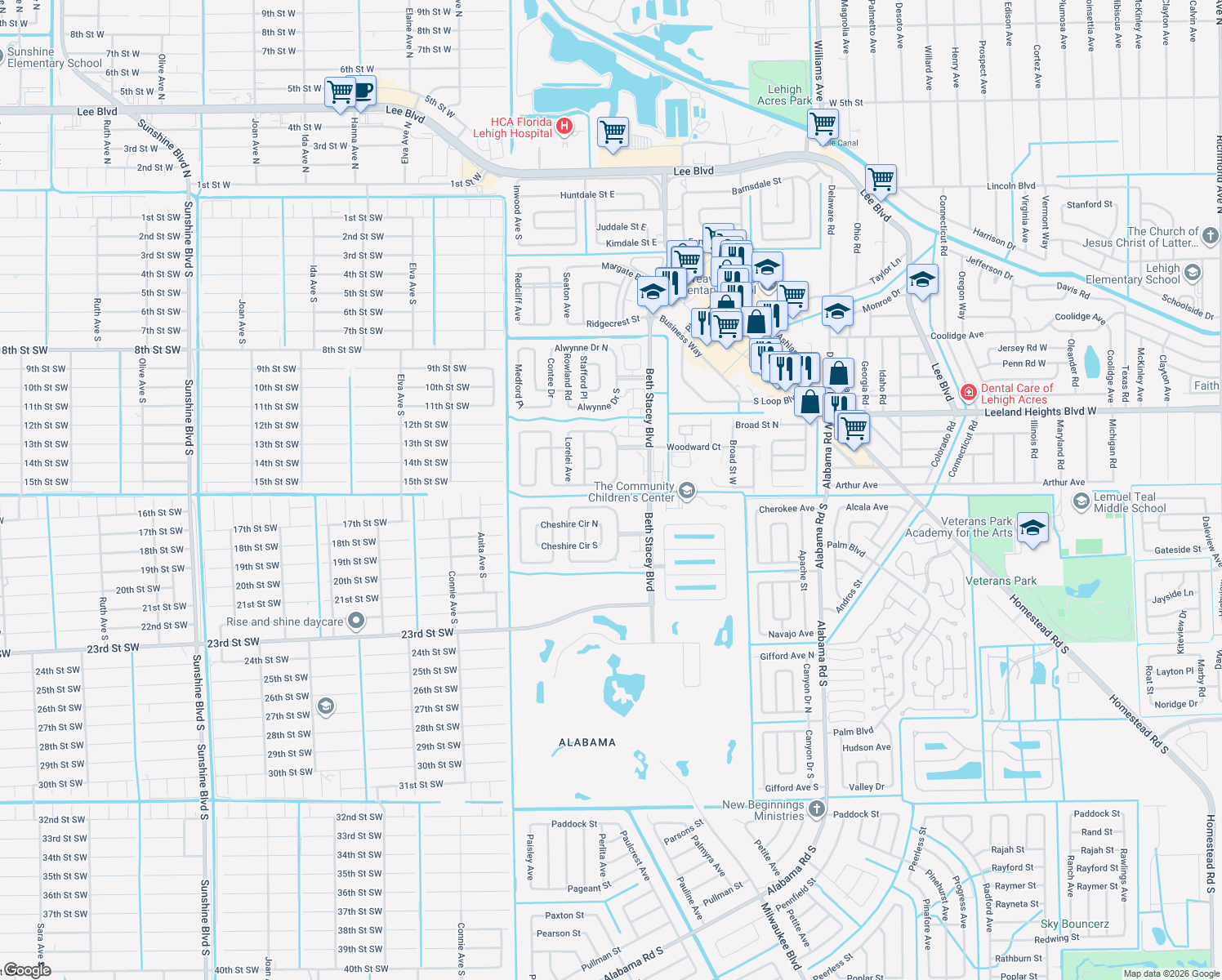 map of restaurants, bars, coffee shops, grocery stores, and more near 1424 Caywood Cir S in Lehigh Acres