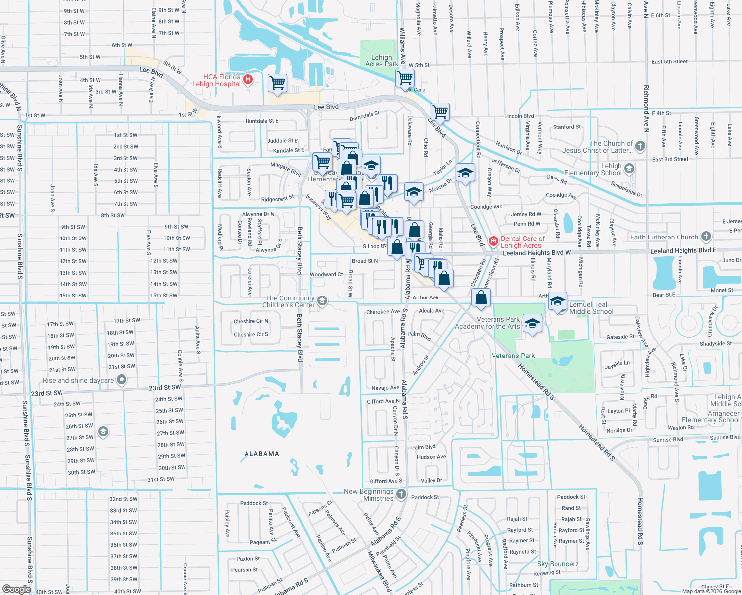 map of restaurants, bars, coffee shops, grocery stores, and more near 7 Vineyard Street in Lehigh Acres