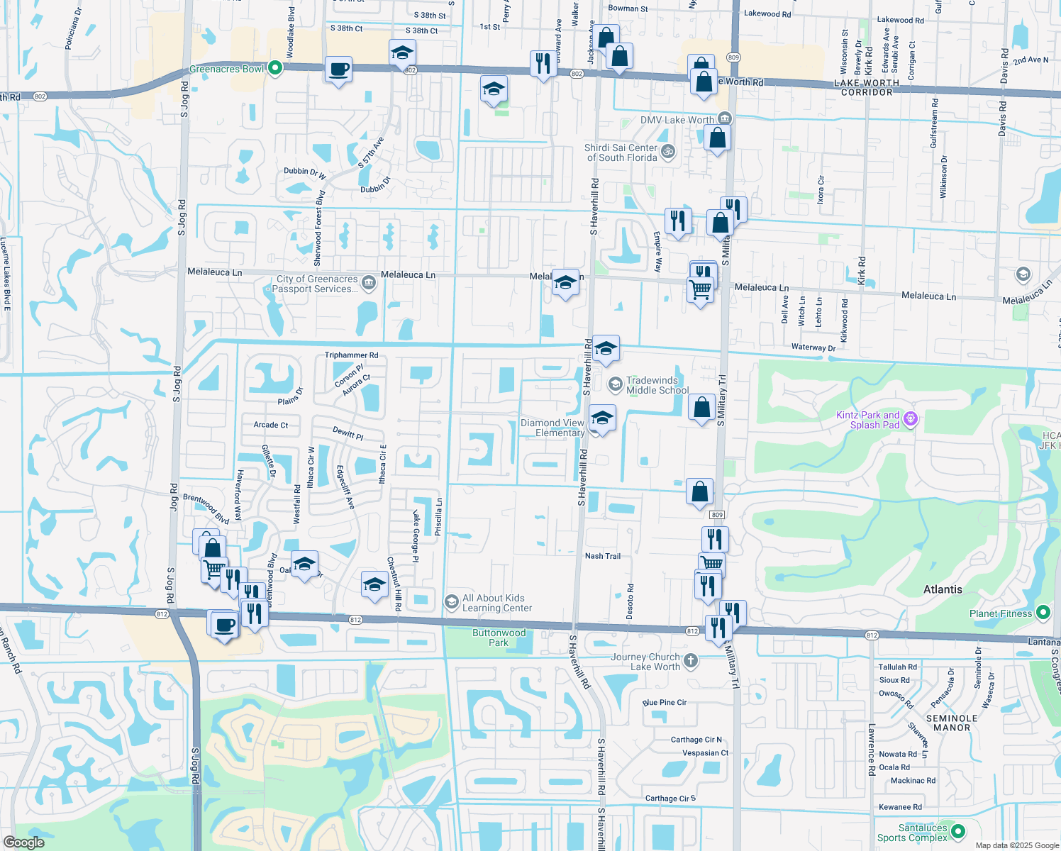 map of restaurants, bars, coffee shops, grocery stores, and more near 5014 Starfire Terrace in Greenacres