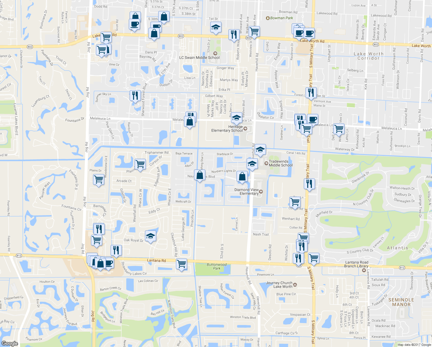 map of restaurants, bars, coffee shops, grocery stores, and more near 5068 Northern Lights Drive in Greenacres