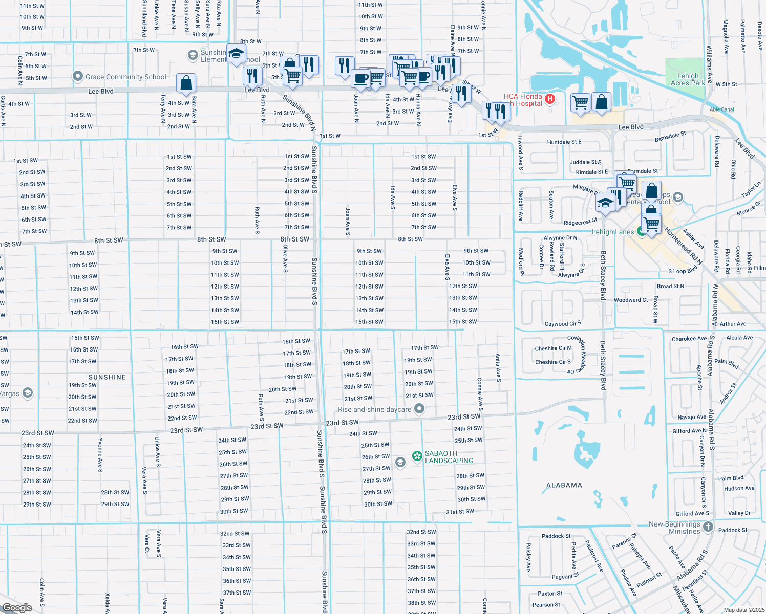 map of restaurants, bars, coffee shops, grocery stores, and more near 2900 14th Street Southwest in Lehigh Acres