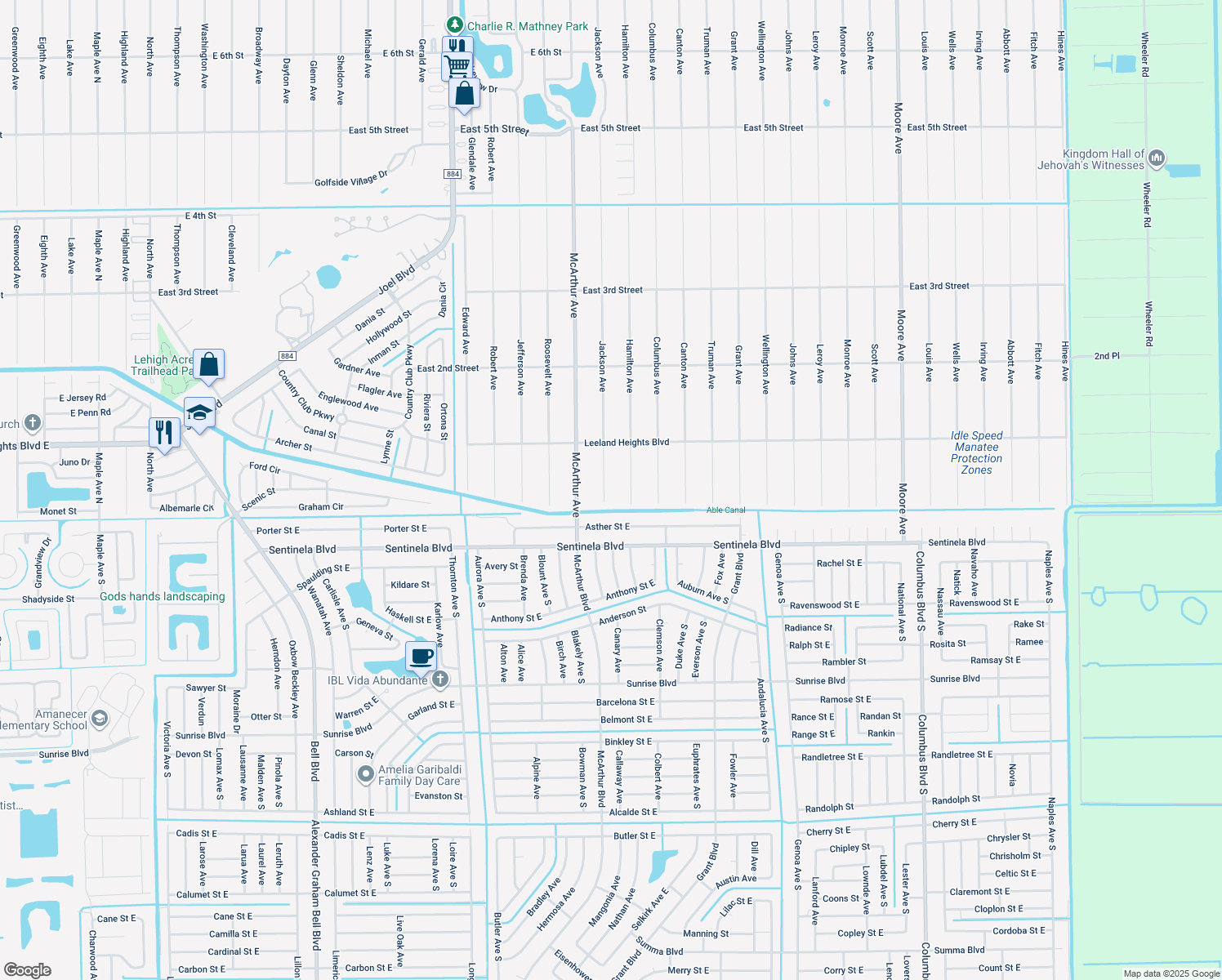 map of restaurants, bars, coffee shops, grocery stores, and more near 8 Jackson Avenue in Lehigh Acres