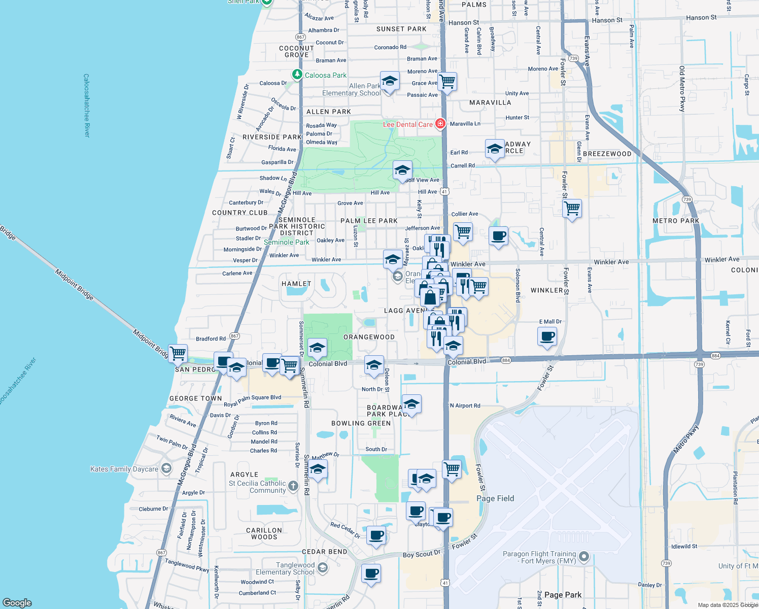 map of restaurants, bars, coffee shops, grocery stores, and more near 1661 Carter Place in Fort Myers