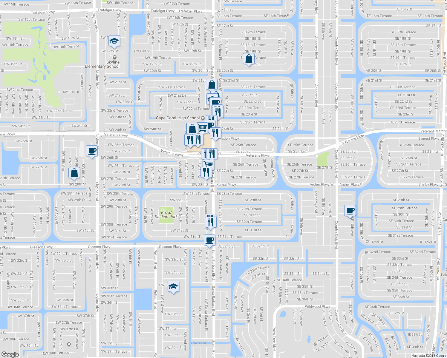 map of restaurants, bars, coffee shops, grocery stores, and more near 2735 Santa Barbara Boulevard in Cape Coral