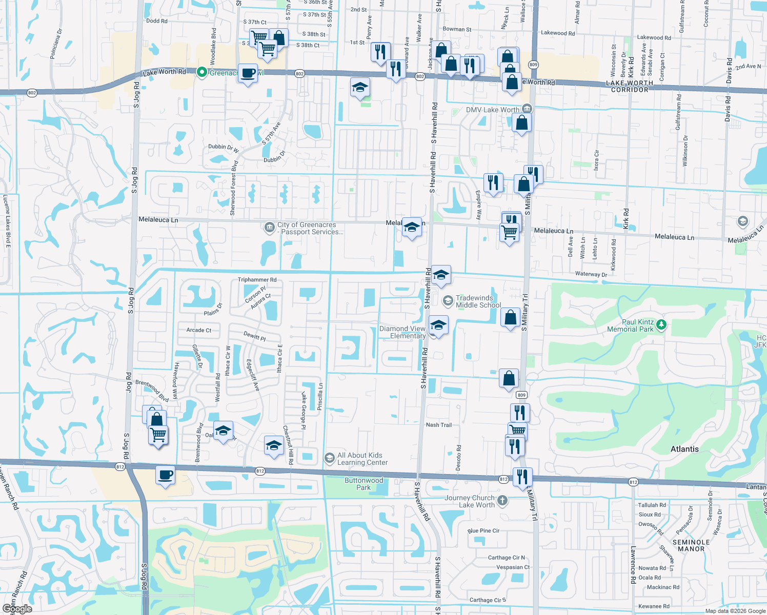 map of restaurants, bars, coffee shops, grocery stores, and more near 5200 Rising Comet Lane in Greenacres