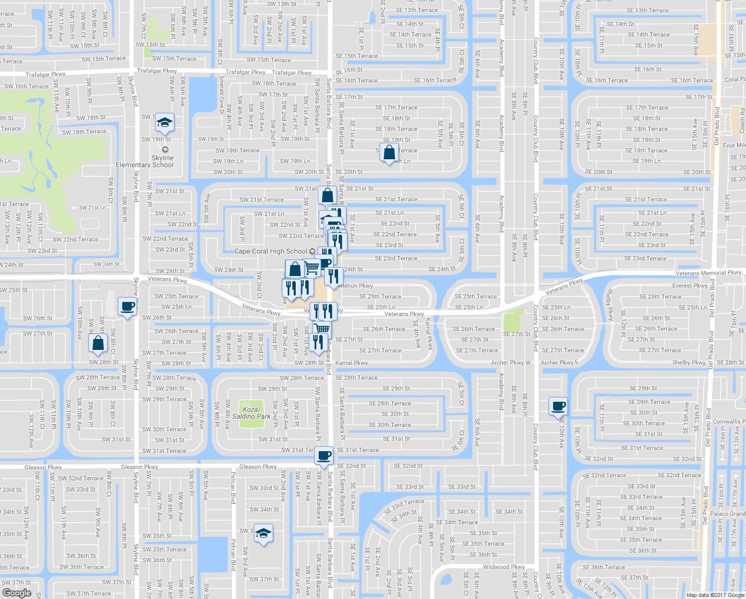 map of restaurants, bars, coffee shops, grocery stores, and more near 156 Southeast 25th Terrace in Cape Coral