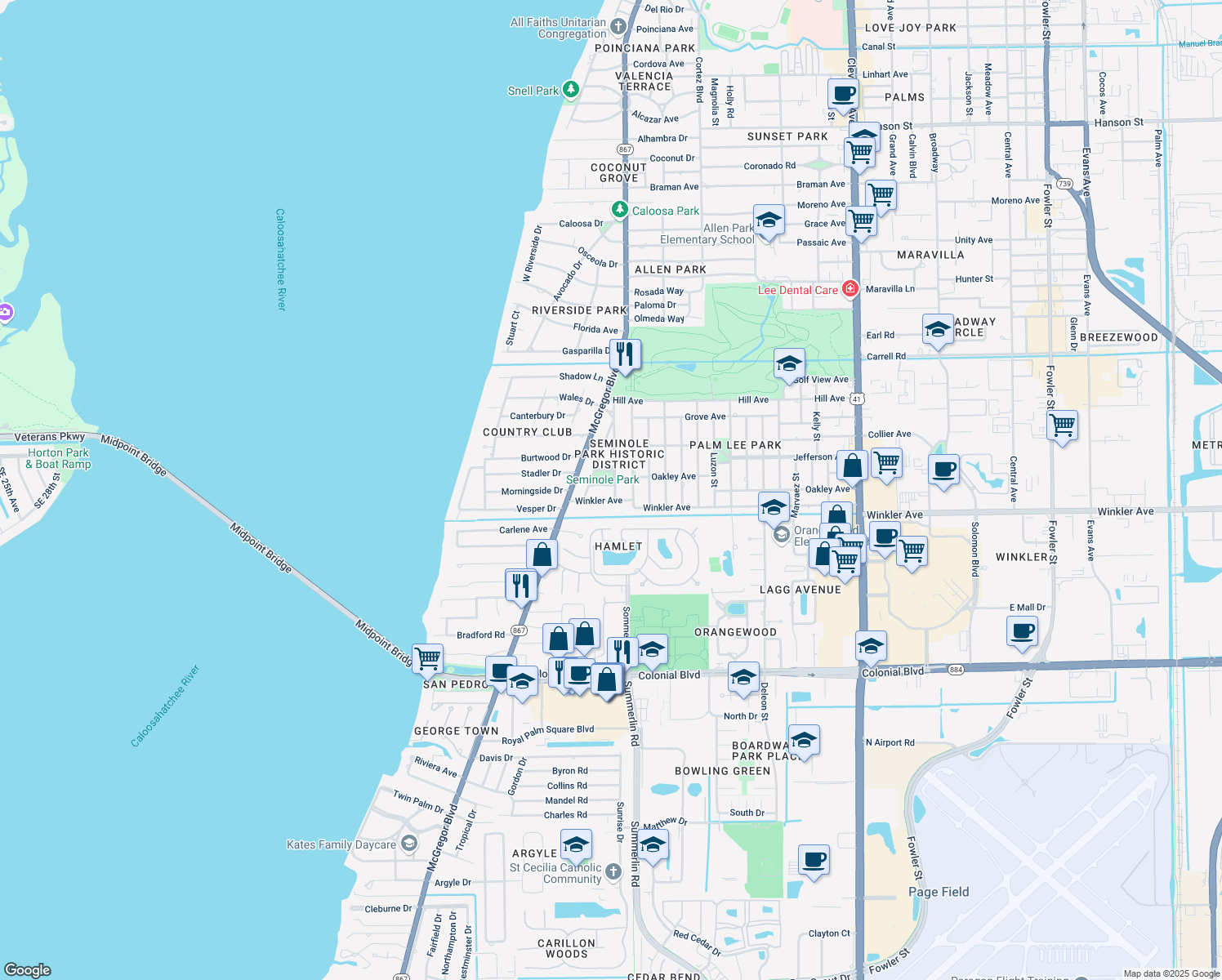 map of restaurants, bars, coffee shops, grocery stores, and more near 1430 Arthur Avenue in Fort Myers