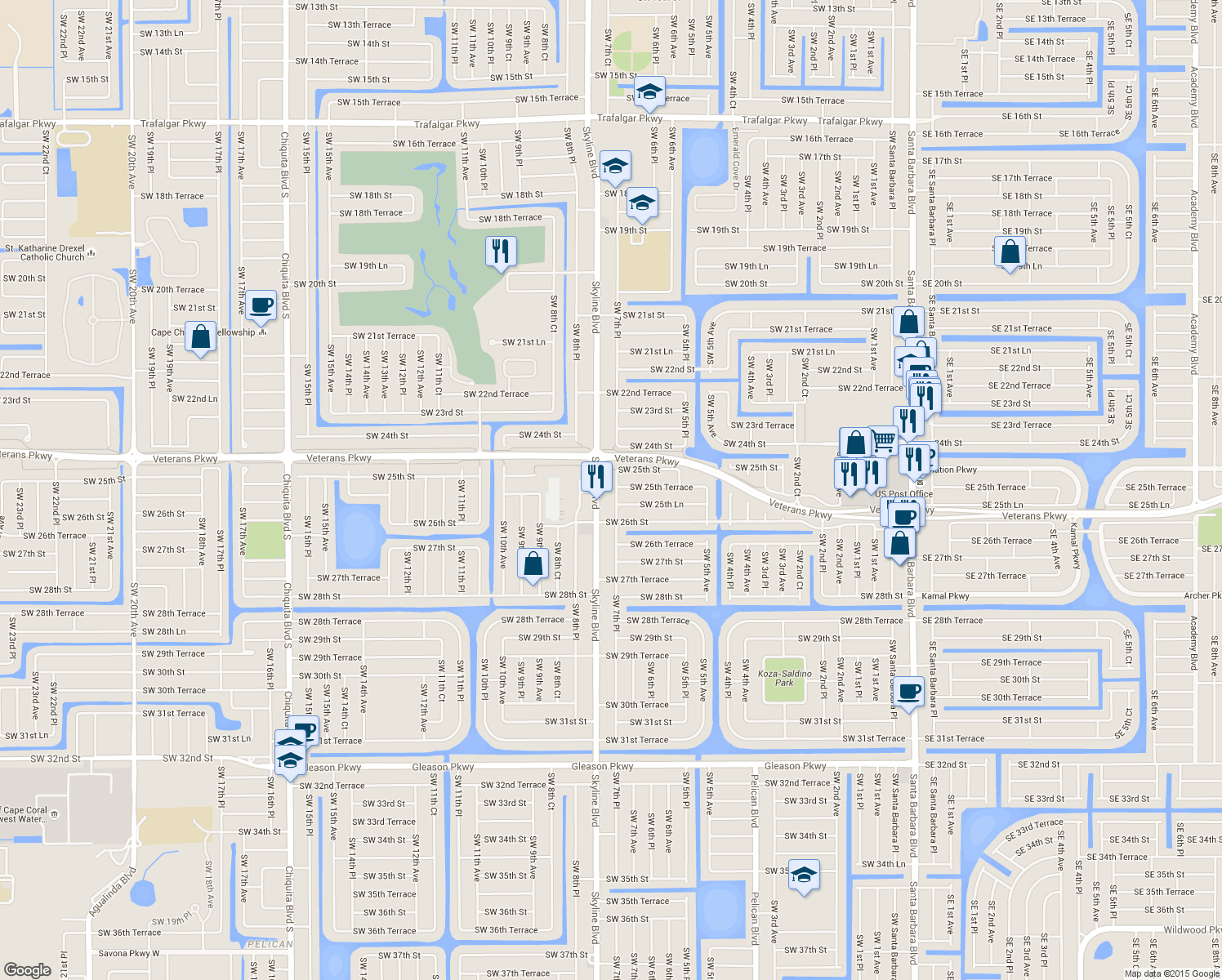 map of restaurants, bars, coffee shops, grocery stores, and more near 2516 Southwest 7th Place in Cape Coral