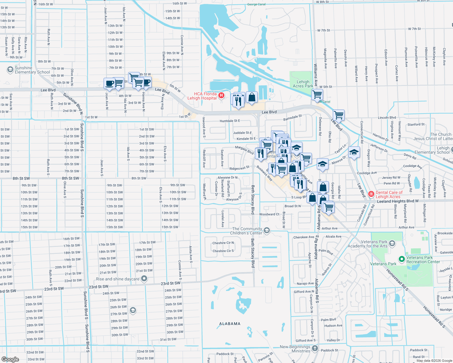 map of restaurants, bars, coffee shops, grocery stores, and more near 117 Stafford Place in Lehigh Acres