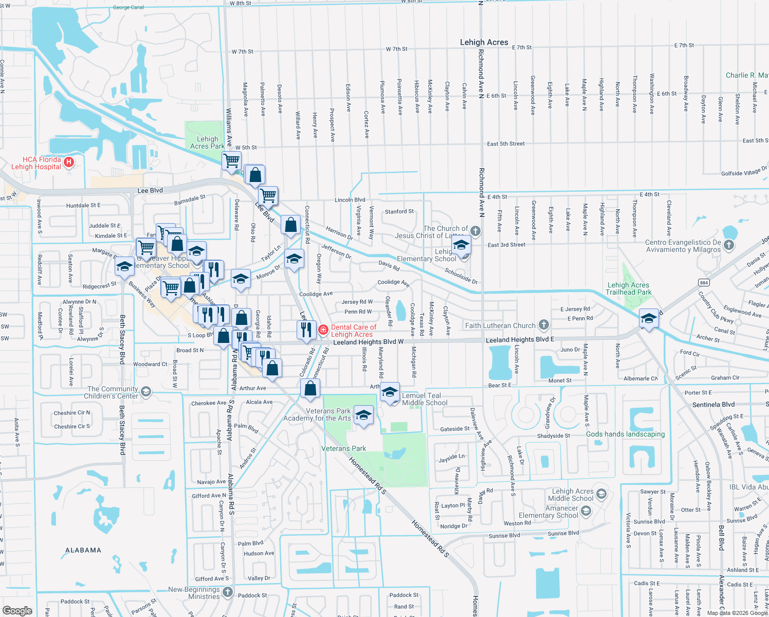 map of restaurants, bars, coffee shops, grocery stores, and more near 201 Penn Road West in Lehigh Acres