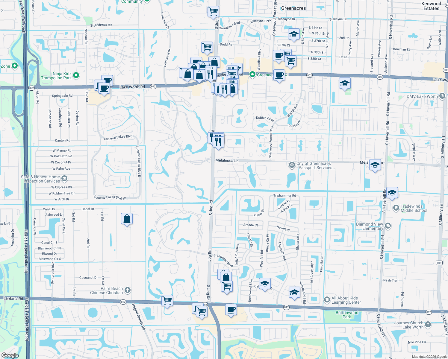 map of restaurants, bars, coffee shops, grocery stores, and more near 803 Timberlane Circle in Greenacres