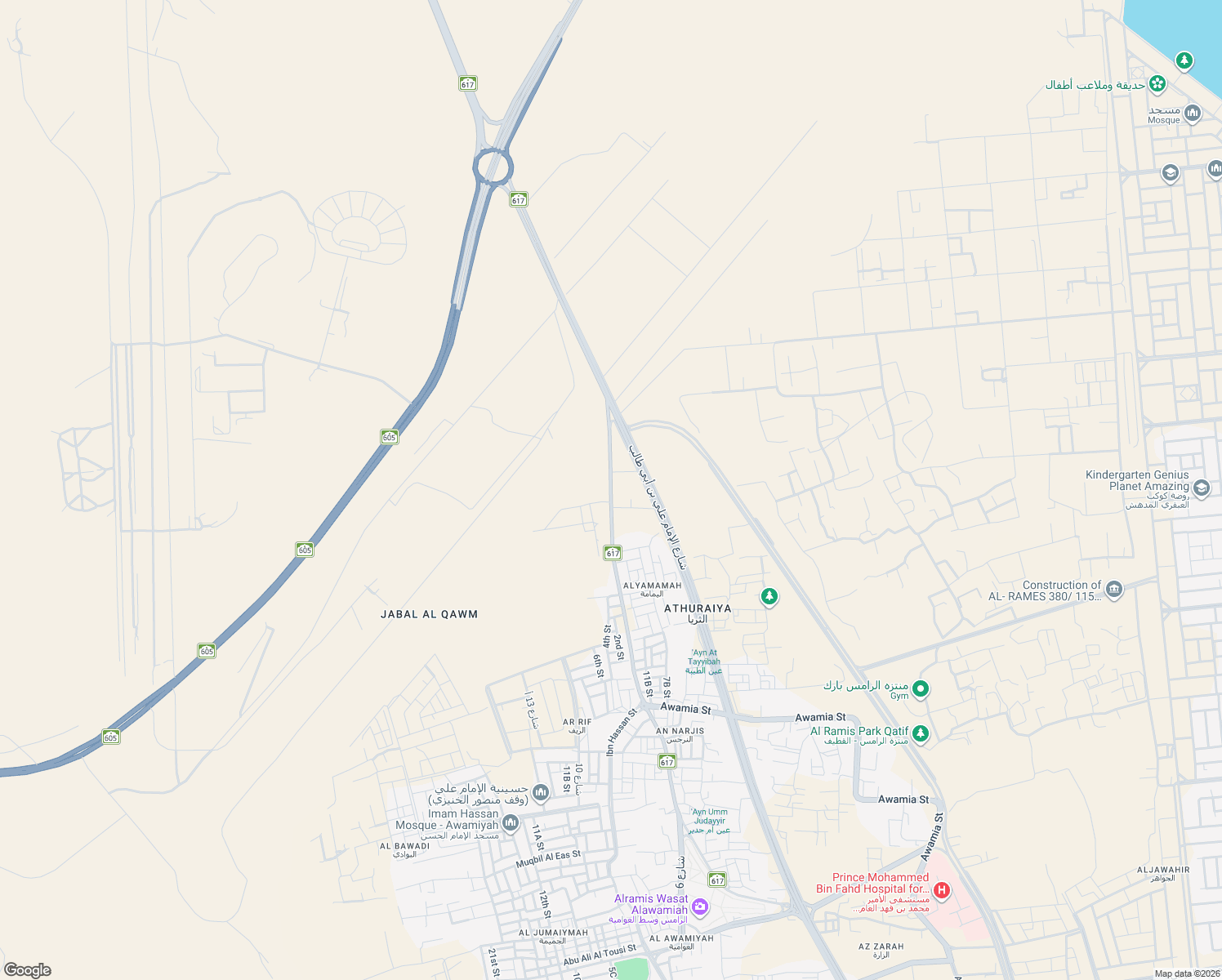 map of restaurants, bars, coffee shops, grocery stores, and more near Al Imam Ali Ibn Abi Talib Road in Al Qatif