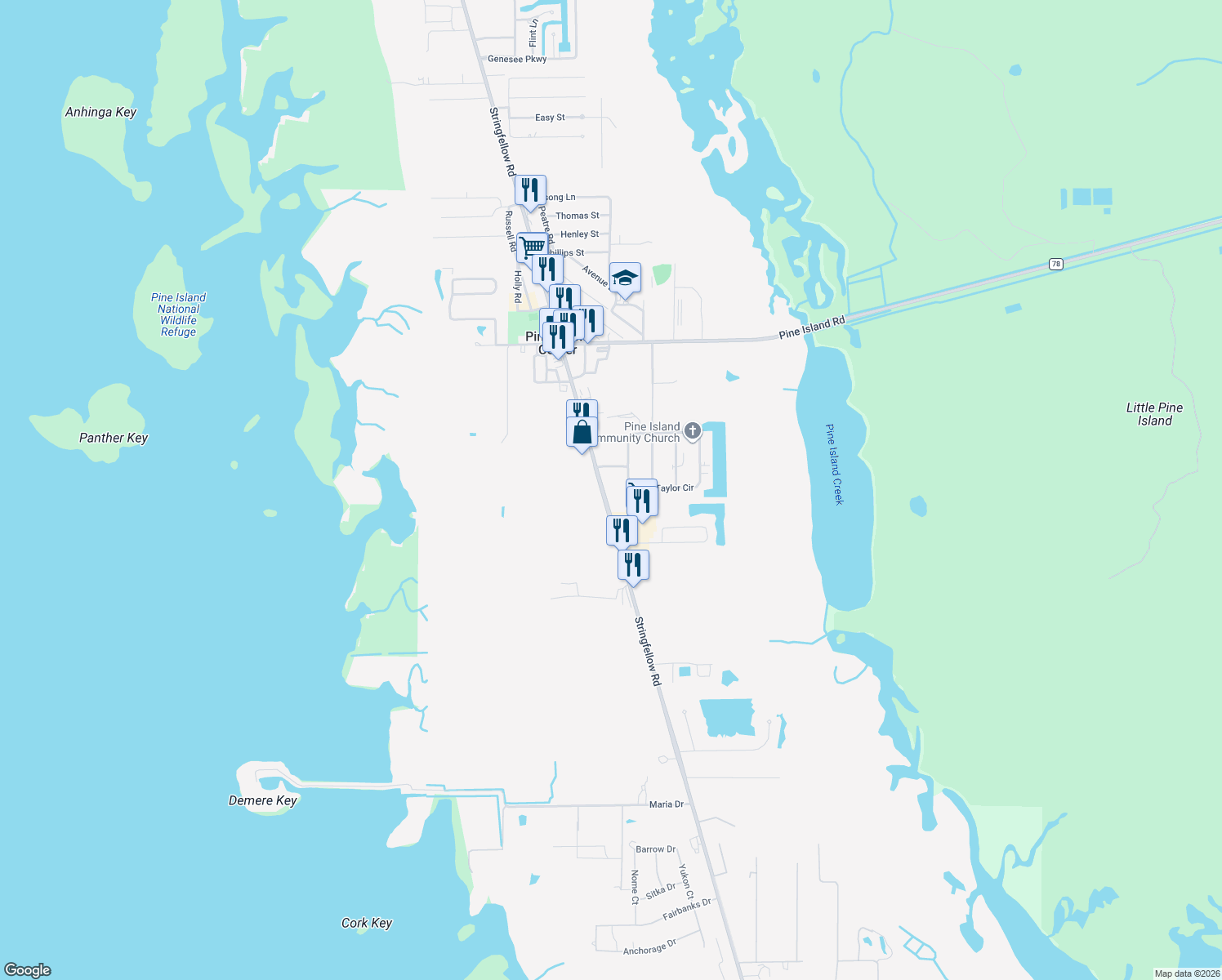 map of restaurants, bars, coffee shops, grocery stores, and more near 10030 Stringfellow Road in Saint James City