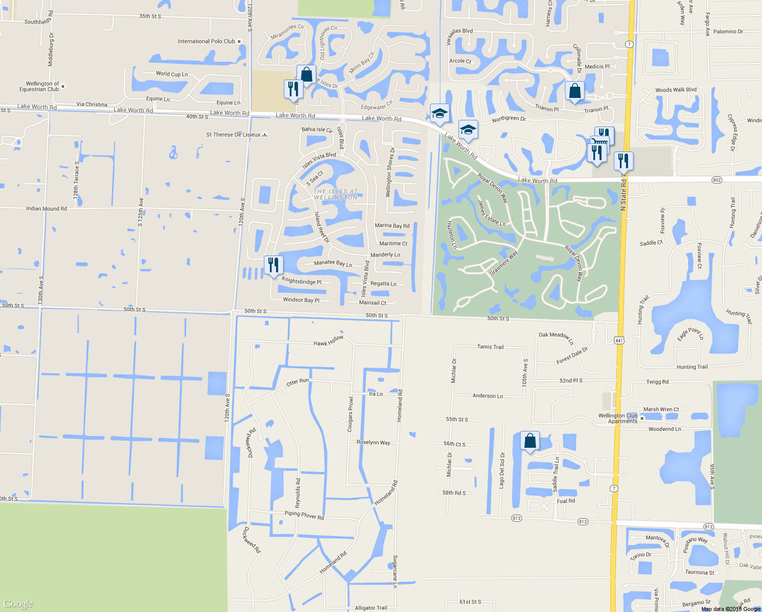 map of restaurants, bars, coffee shops, grocery stores, and more near 11224 Mainsail Court in Wellington