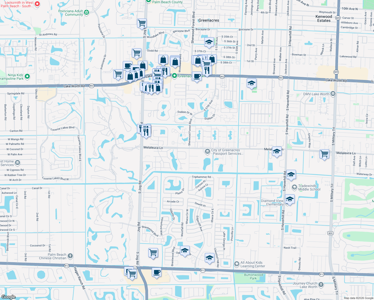 map of restaurants, bars, coffee shops, grocery stores, and more near 6113 Rainbow Circle in Greenacres