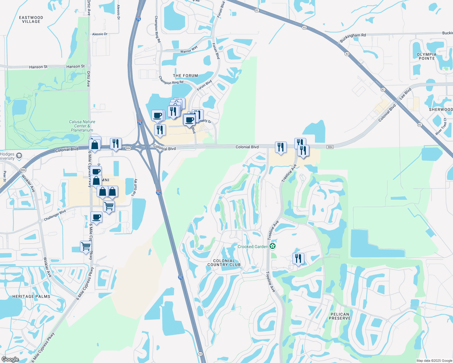 map of restaurants, bars, coffee shops, grocery stores, and more near 9056 Shadow Glen Way in Fort Myers