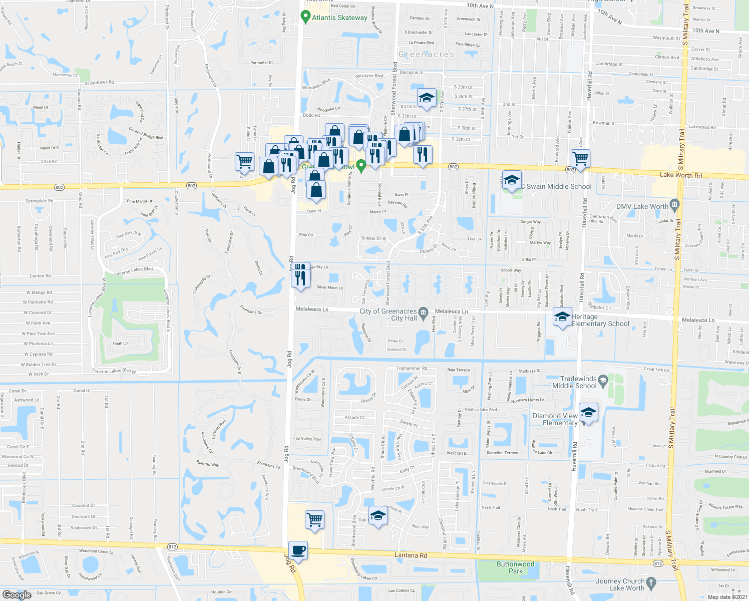 map of restaurants, bars, coffee shops, grocery stores, and more near 4720 Oak Terrace Drive in Greenacres