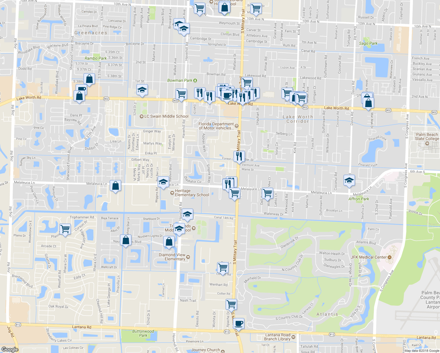 map of restaurants, bars, coffee shops, grocery stores, and more near 4776 Chariot Circle in Greenacres