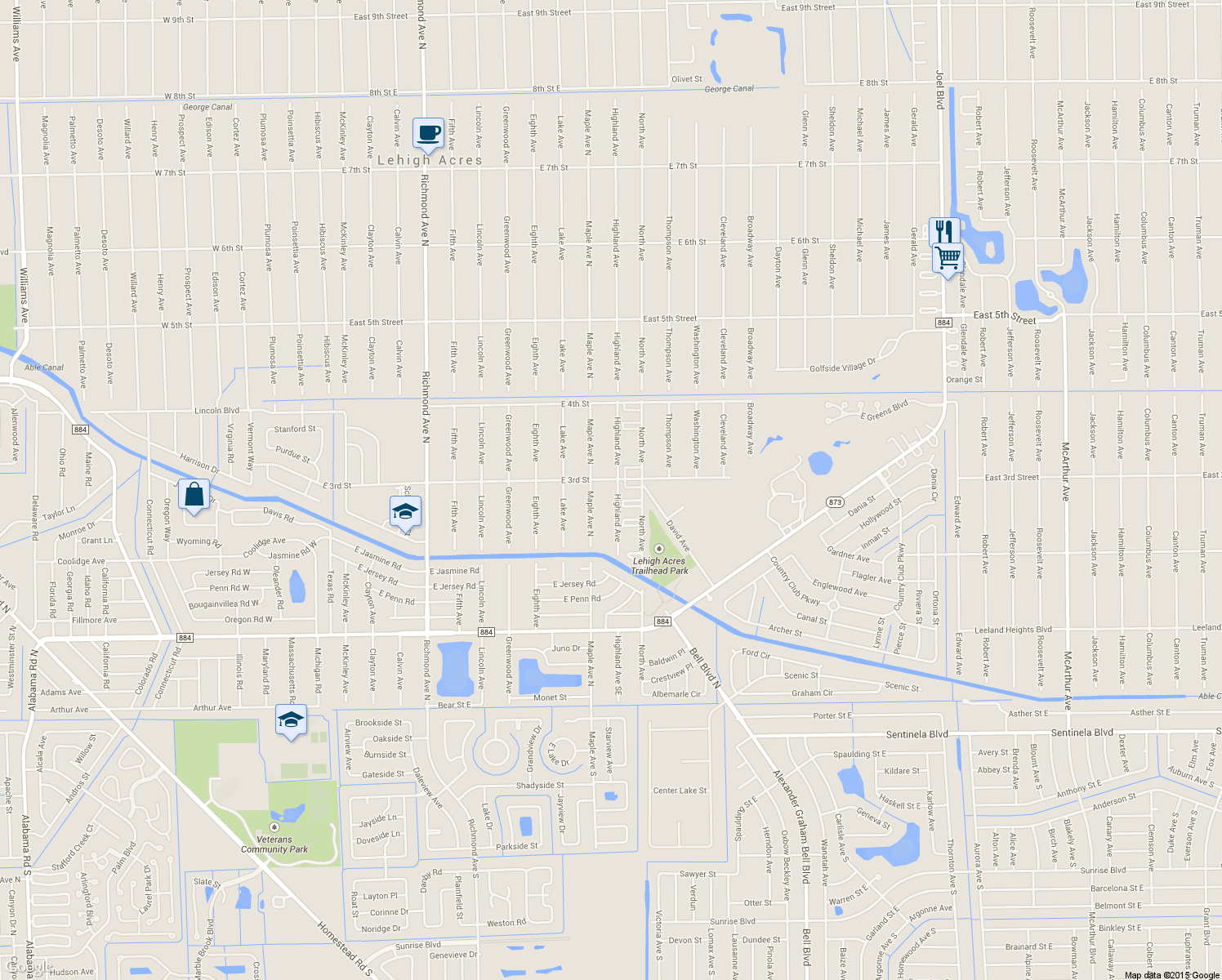 map of restaurants, bars, coffee shops, grocery stores, and more near 221 Highland Ave in Lehigh Acres
