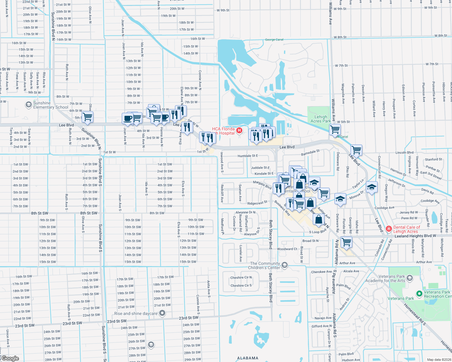 map of restaurants, bars, coffee shops, grocery stores, and more near 1823 Reid Street in Lehigh Acres
