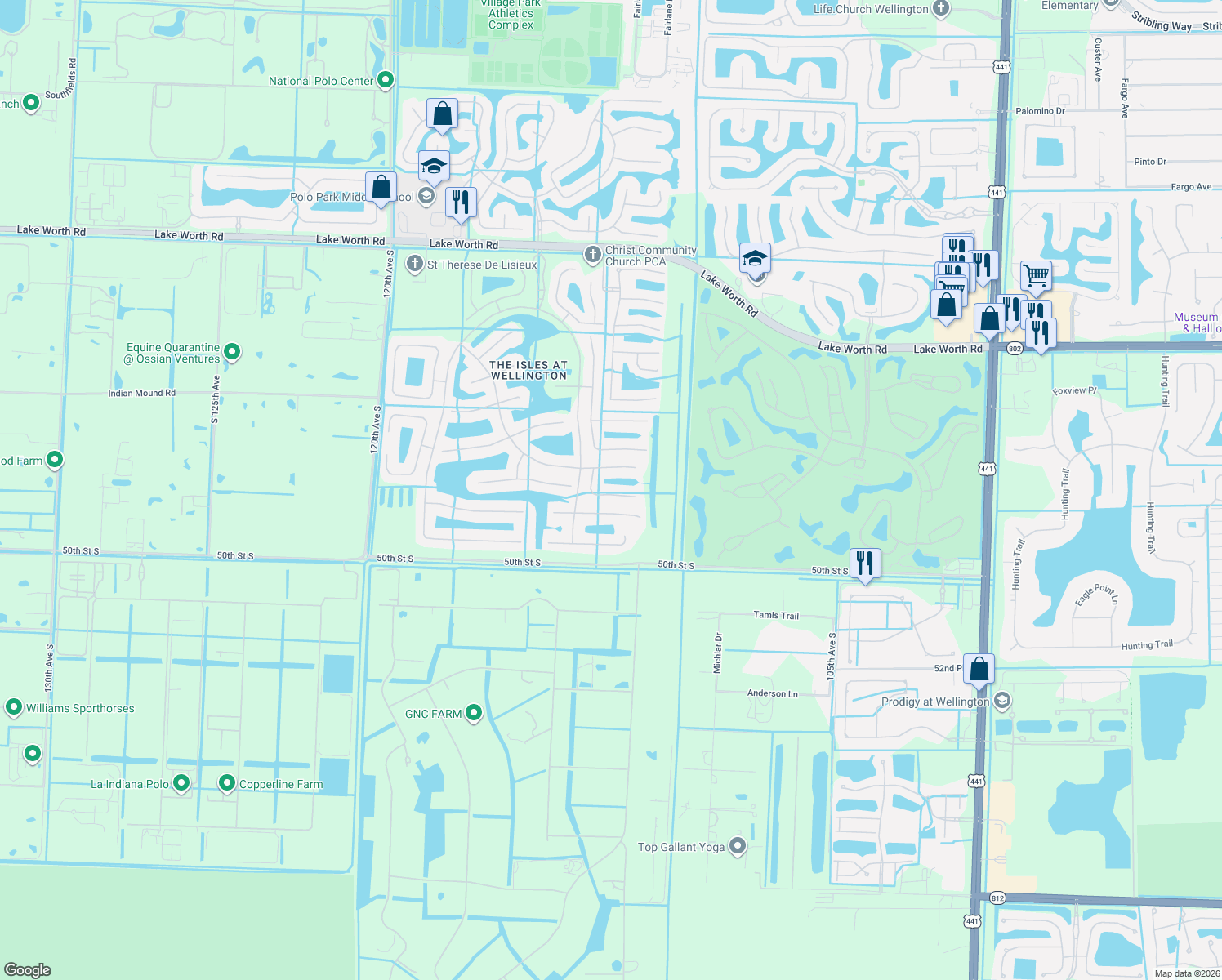 map of restaurants, bars, coffee shops, grocery stores, and more near 4676 Manderly Drive in Wellington