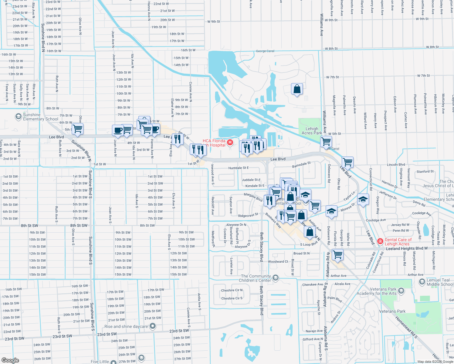 map of restaurants, bars, coffee shops, grocery stores, and more near 1510 Lindale Circle in Lehigh Acres