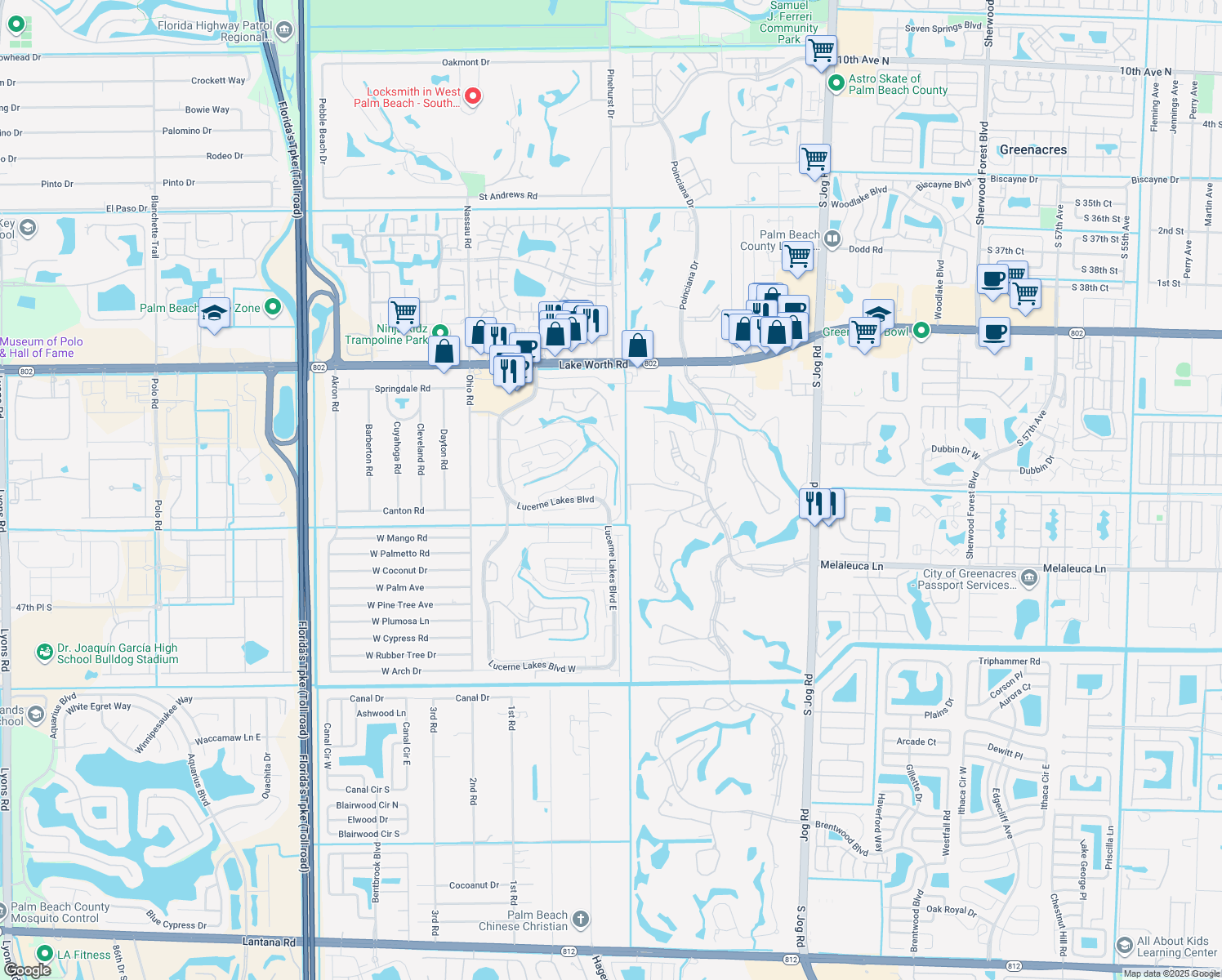 map of restaurants, bars, coffee shops, grocery stores, and more near 7240 Pine Forest Circle in Lake Worth