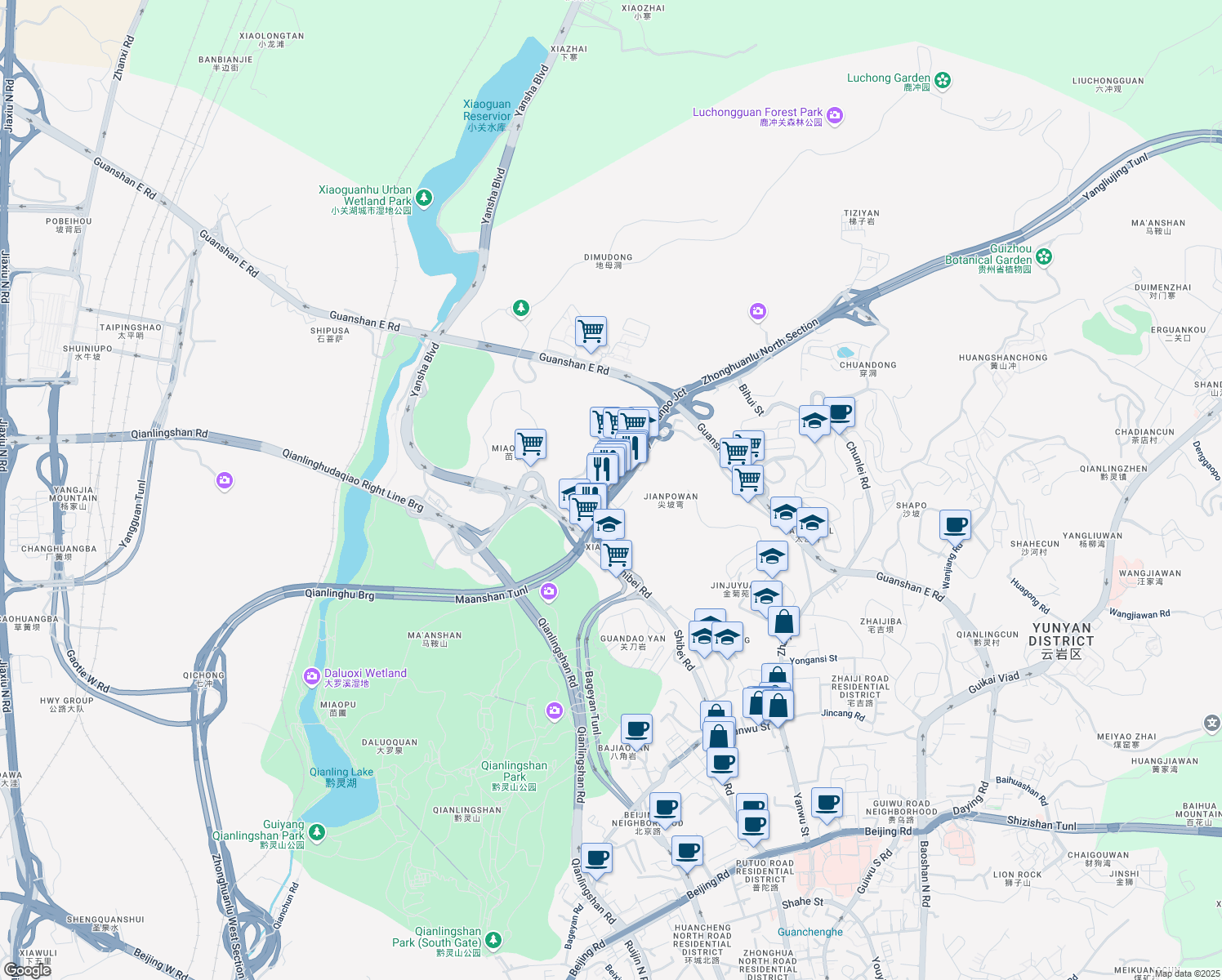 map of restaurants, bars, coffee shops, grocery stores, and more near in Guiyang