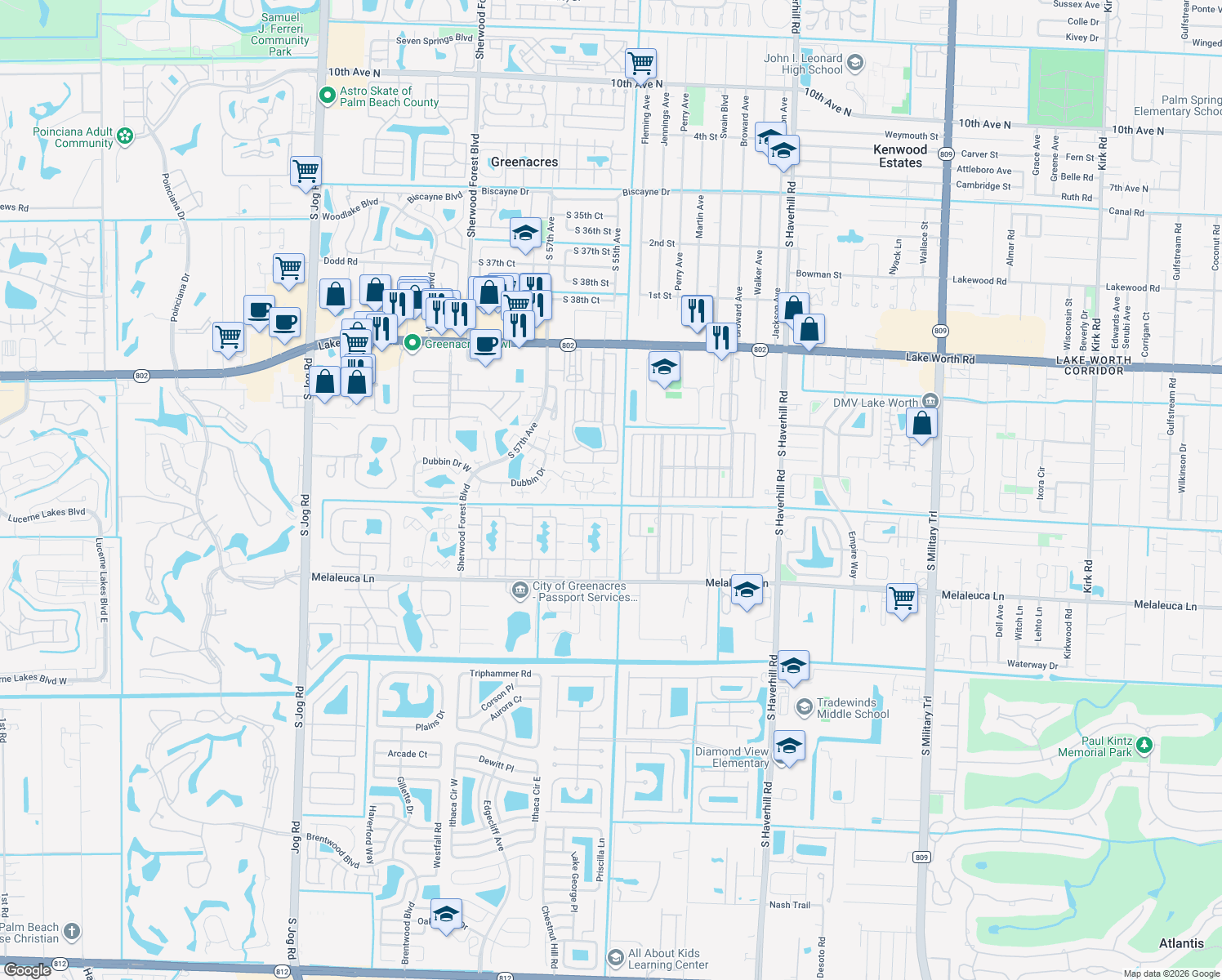 map of restaurants, bars, coffee shops, grocery stores, and more near 1006 10th Lane in Greenacres