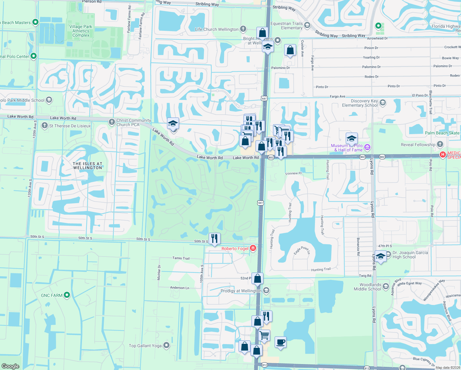 map of restaurants, bars, coffee shops, grocery stores, and more near 4548 Barclay Fair Way in Lake Worth
