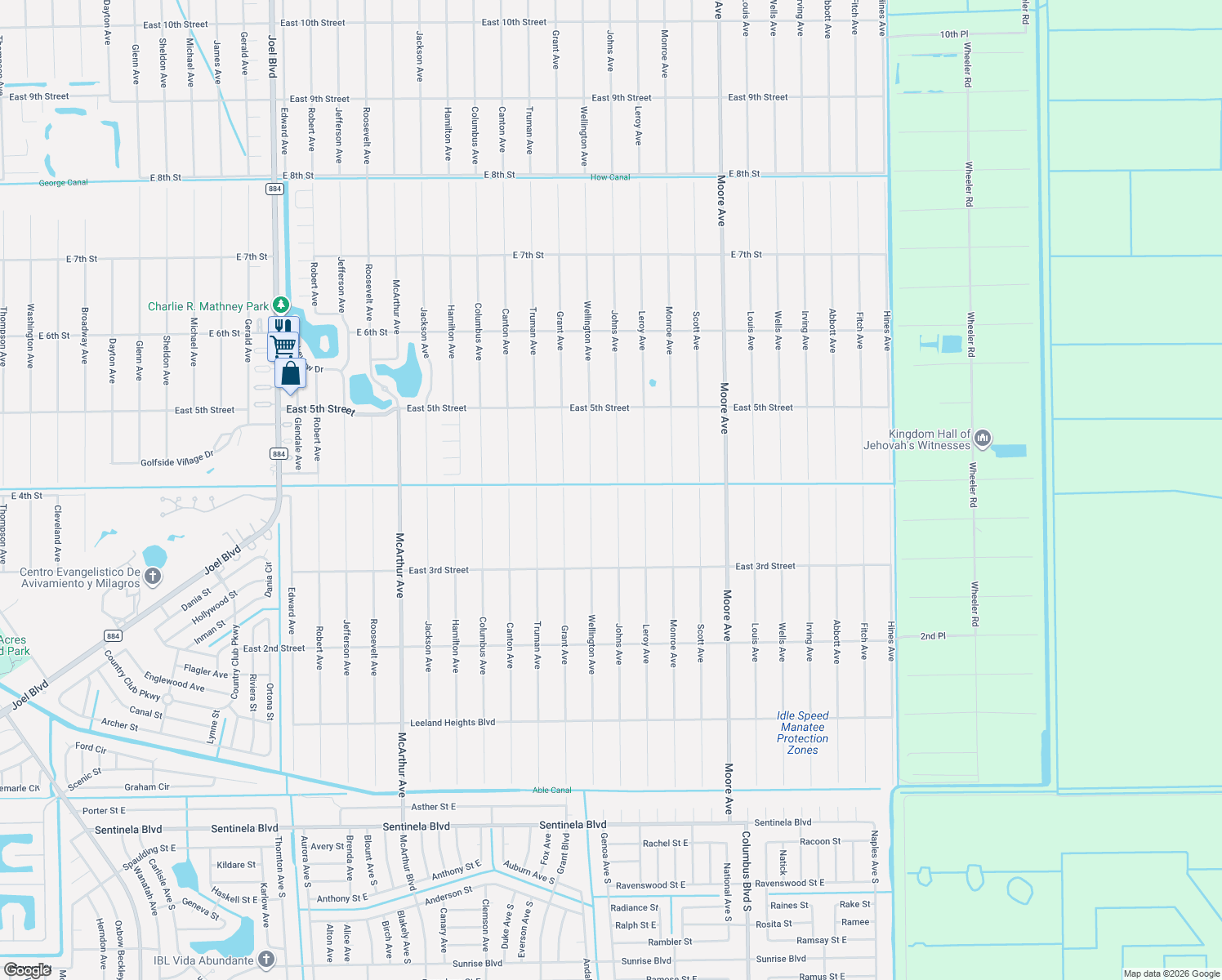 map of restaurants, bars, coffee shops, grocery stores, and more near 325 Johns Avenue in Lehigh Acres