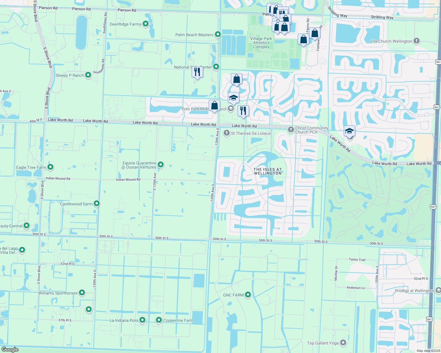 map of restaurants, bars, coffee shops, grocery stores, and more near 11852 Osprey Point Circle in Wellington