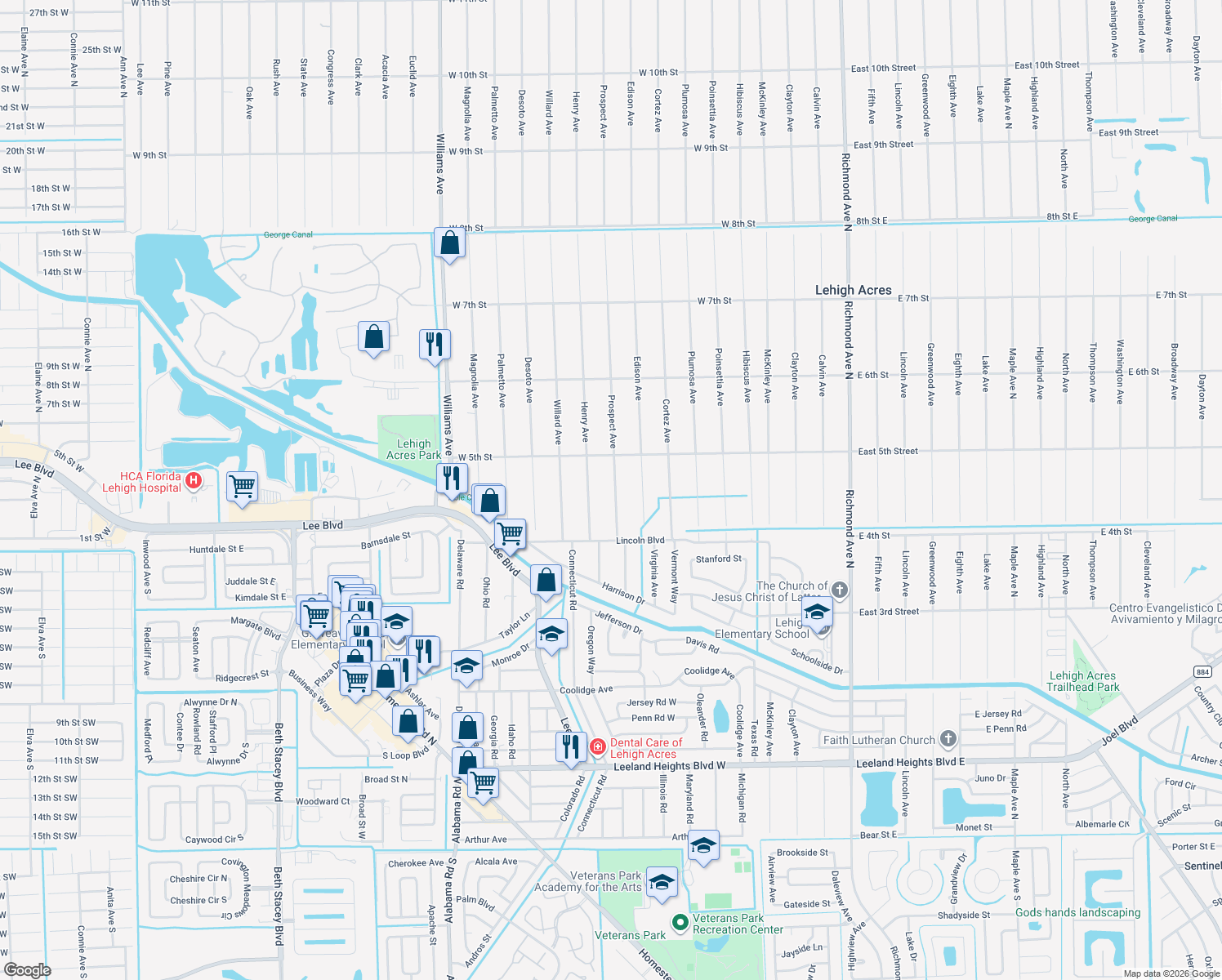 map of restaurants, bars, coffee shops, grocery stores, and more near 413 Prospect Avenue in Lehigh Acres