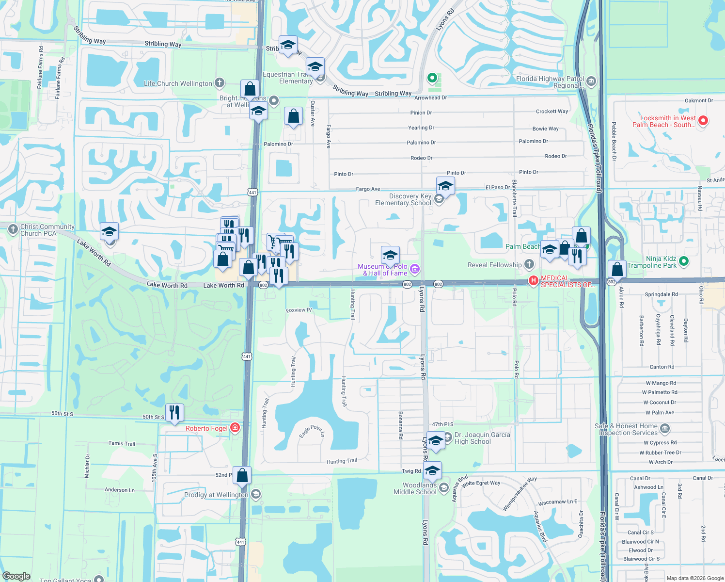 map of restaurants, bars, coffee shops, grocery stores, and more near 4338 Danielson Drive in Lake Worth
