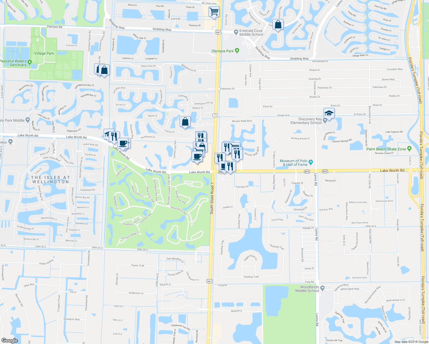 map of restaurants, bars, coffee shops, grocery stores, and more near in Lake Worth