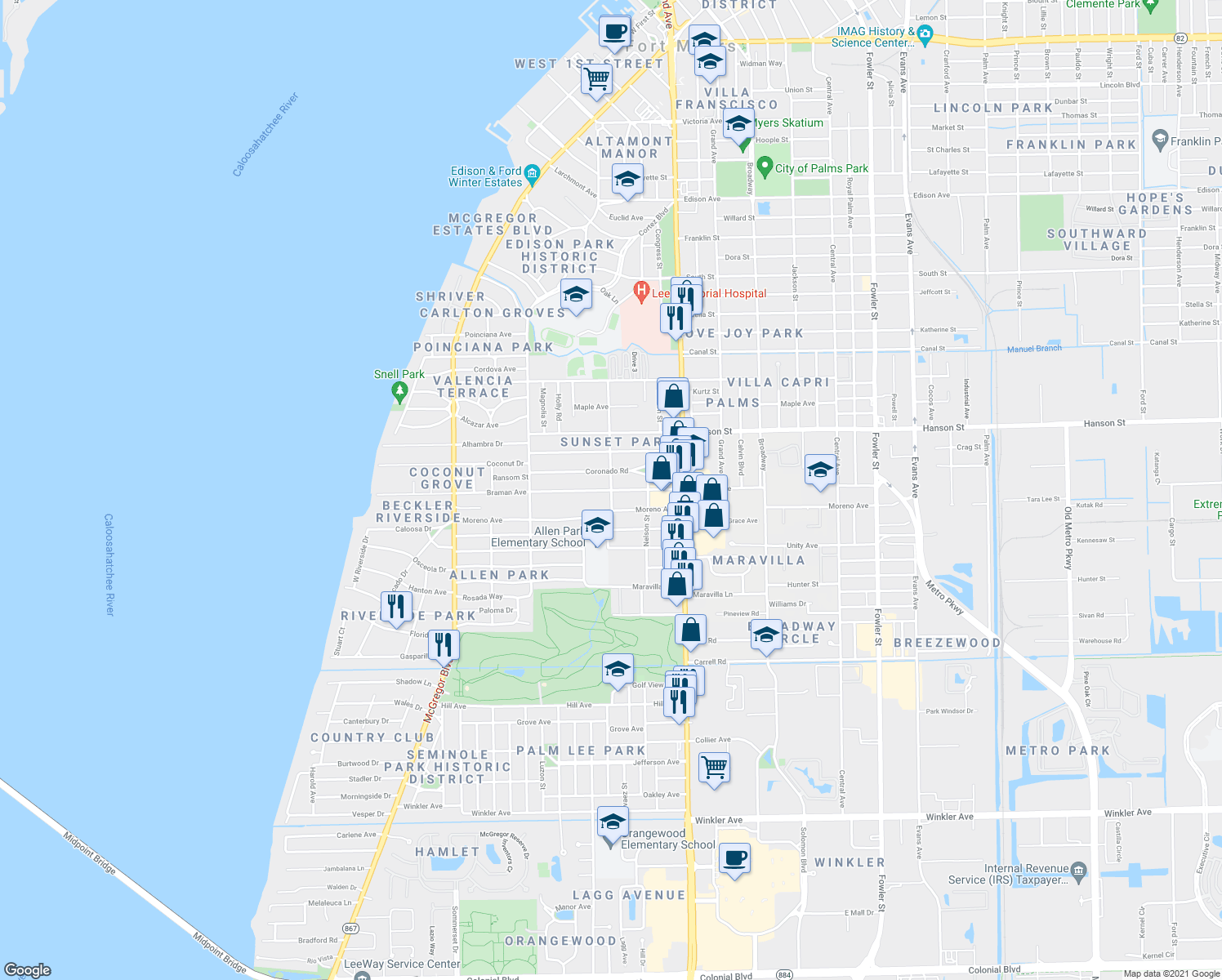 map of restaurants, bars, coffee shops, grocery stores, and more near Braman Avenue in Fort Myers