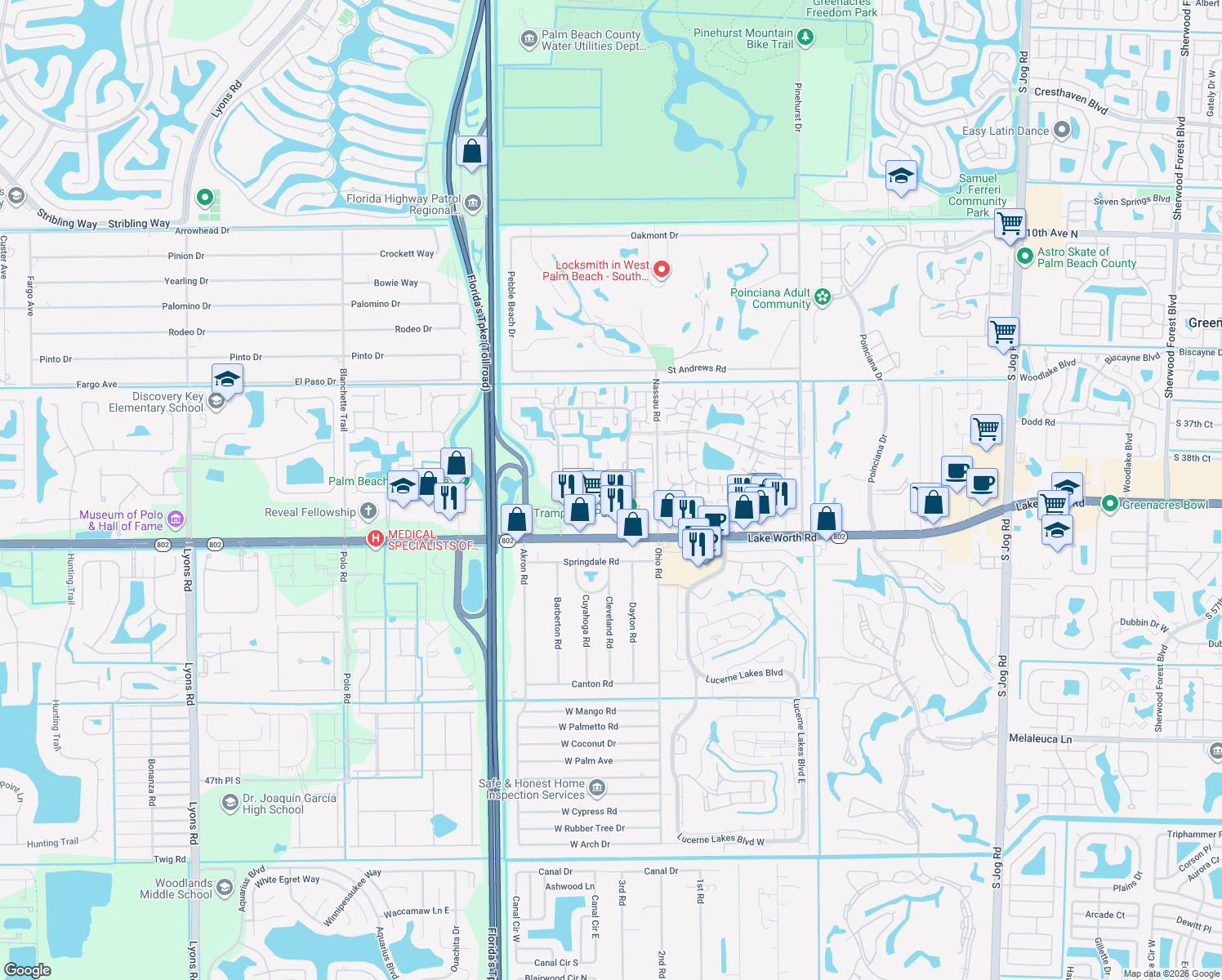 map of restaurants, bars, coffee shops, grocery stores, and more near 3845 Match Road in Lake Worth